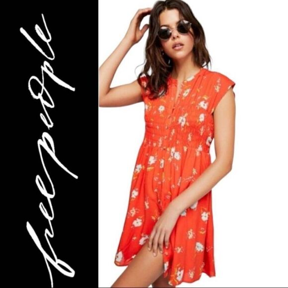 Free People Dresses & Skirts - Free People Size Small Greatest Day Orange Floral Print Smocked Mini Dress T